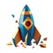 3d cartoon style minimal spaceship rocket low poly style icon. Toy rocket upswing, spewing smoke. Startup, space, business concept
