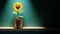 3d cartoon sunflower character in flower pot on shelf in spotight