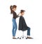 3d cartoon woman cutting man hair with scissor