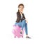 3d cartoon woman sitting on piggy bank