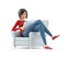 3d casual girl sitting in armchair with tablet