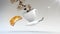 3D CGI footage of flying croissant, spoon, plate and coffe cup. Cup being filled with roasted coffee beans flowing in