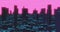 3D CGI rendered illustration. Retro anime inspired dark city at night skyline with buildings, skyscrapers digital pink neon sky
