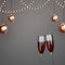 3D Champagne Glasses With Bronze Baubles Hang, Lighting Garland Decorated Gray Background