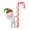 3D Character with Elf Hat Waving from behind Large Candy Cane
