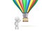 3D Character flying away in a hot air balloon and waving goodbye