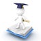 3D Character flying on top of opened book with diploma