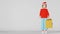 3d character girl Christmas shopping bag loop animation 4K white background. Woman buyer smartphone in mall Fashion Sale