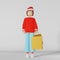 3d character girl Christmas shopping bag white background rendering. Young woman in Santa hat smartphone in the mall.