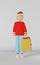 3d character girl Christmas shopping bag white background rendering. Young woman in Santa hat smartphone in the mall.