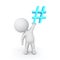 3D Character holding up blue pound or hashtag sign