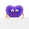 3D character holds a sign with copy space for text, a banner for Valentine`s Day. Funny heart character. 3D render