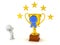 3D Character and Large Gold Trophy with Blue Ribbon and Stars