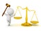 3D Character leaning on scales of justice and holding gavel