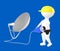 3d character , man character wearing safety cap and holding a cable pin connected towards a dish antenna