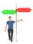 3d character , man gesturing with his hand while standing near to a empty direction post