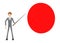 3d character , man holding a wooden stick pointing towards a circular empty red space