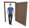 3d character , man standing near to a opened doorway