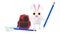 3d character ,rabbit with a school bag and a pencil - books- notepad- eraser on the ground