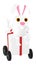 3d character , rabbit sitting on top of a ribbon wrapped gift box with wheels