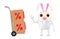 3d character , rabbit standing near to a trolley cart with percentage sign cardboard boxes in it