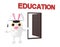 3d character , rabbit wearing graduation cap , opened door and education text