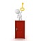 3D Character standing on top of a door and holding a shiny golden key