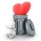 3D Character stressed next to heart thrown in garbage can