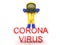 3D Character wearing hazmat suit standing on top of corona virus text