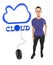 3d character , woman , cloud text connected to a mouse and cloud sign over top of it