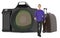 3d character , woman , luggage bag and camera