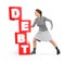 3d character , woman making effort and pushing debt blocks