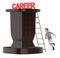 3d character , woman , running to climb up a ladder laying over a podium with careers text on top of it