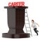 3d character , woman , running to climb up a ladder laying over a podium with careers text on top of it