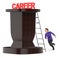 3d character , woman , running to climb up a ladder laying over a podium with careers text on top of it