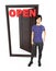3d character , woman standing near to a opened doorway with red open text