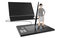 3d character , woman standing over a large graphic tablet and leaning towards a stylus , near to a large latop