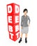 3d character , woman worry , crying standing near a debt text in cube blocks