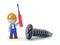 3D Character in Worker Overalls with Screwdriver and a Large Screw