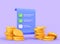 3D Check list with stack gold coins on purple background. Paper bill for tax or service payment. Budget planning