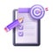 3D checklist on clipboard, target, cardboard, exam paper document vector icon, online checkbox form.