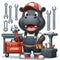 3D cheerful hippo in mechanic\\\'s outfit holding tools toolbox standing in front of a mechanic\\\'s table