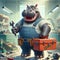 3D cheerful hippo in mechanic\\\'s outfit holding tools toolbox standing in front of a mechanic\\\'s table