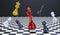 3D chess illustration king, queen bishop and pawn horse rook on black background , 3d rendering chess piece