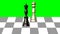 3d chess scene, black queen gives the mat to the white king, animation on green screen