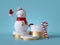 3d Christmas background. Snowman standing on marble pedestal, decorated with candy cane. Blank round podium, empty space. mockup