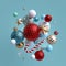 3d Christmas background. Winter holiday ornaments levitating. Red blue white glass balls, candy cane, golden stars isolated.