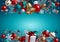 3d Christmas balls, ornaments, golden bell, gift box, isolated on blue background. Festive garland, border. Blank banner, greeting