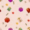 3d christmas gift box pattern. Confetti fall, birthday or wedding gold giftbox, party ribbons, red xmas. Colorful