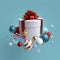 3d Christmas gift, white box wrapped with red bow, glass balls, candy cane, crystal and golden stars. Winter holiday clip art